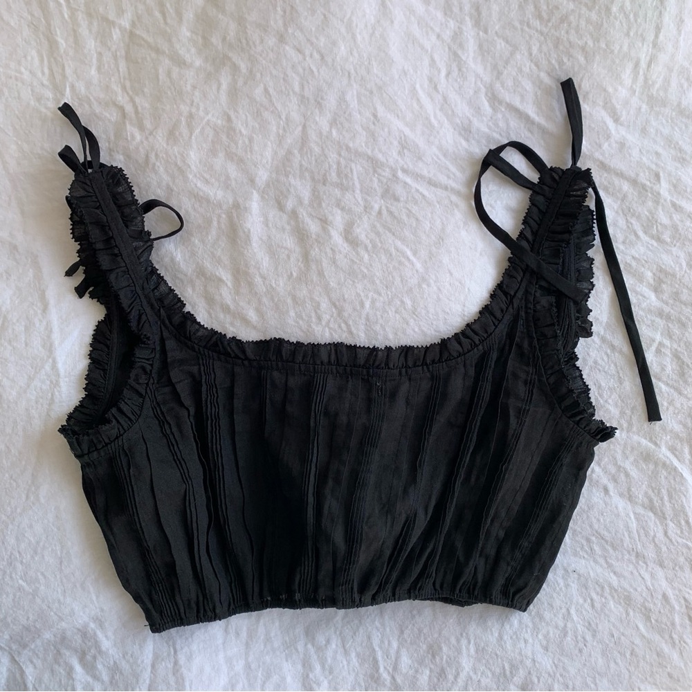 NWT Doen Renee Ramie Pintuck Ruffle Sleeveless Tie Crop Blouse Top Black - Picture 9 of 11